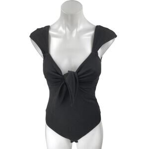 NEW Lulus Black Short Cap Sleeve Tie Ribbed Knit Sculpt Bodysuit Top Size S